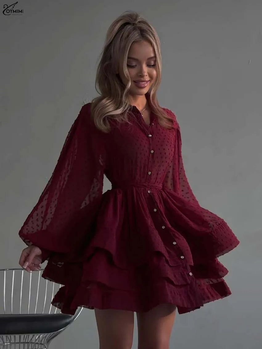 Oymimi Elegant Red Lapel Dresses 2025 Woman Casual Long Sleeve Single Breasted Dresses Fashion High Waisted Ruffled Mini Dress