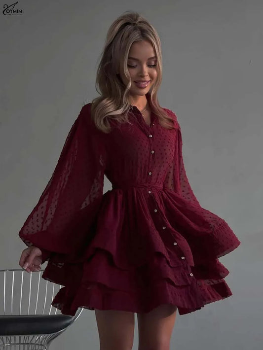 Oymimi Elegant Red Lapel Dresses 2025 Woman Casual Long Sleeve Single Breasted Dresses Fashion High Waisted Ruffled Mini Dress