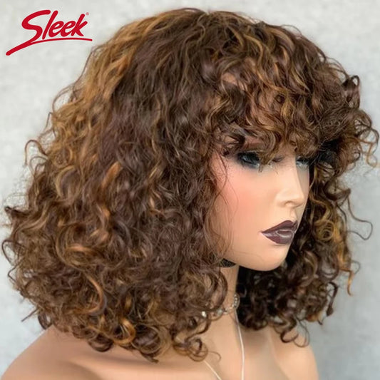 Glueless Jerry Curl Short Pixie Bob Human Hair Wig With Bangs For Women