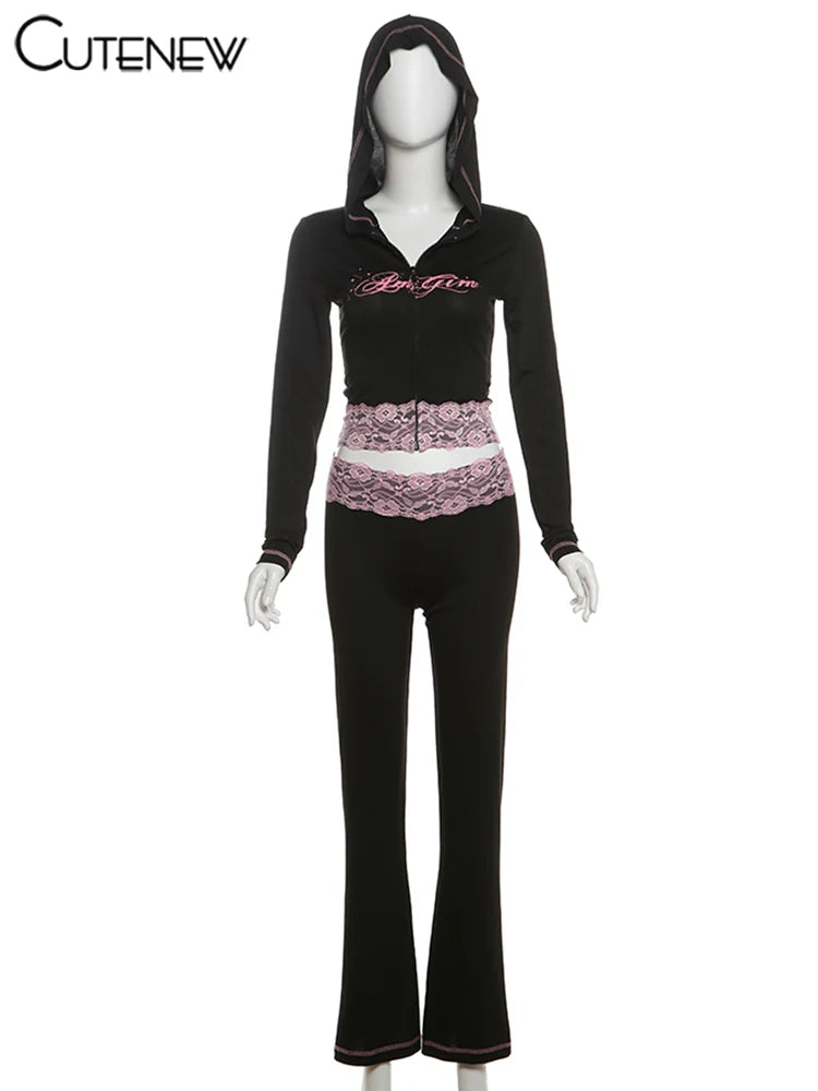 Lace Patchwork Hooded Top Two-Piece Set