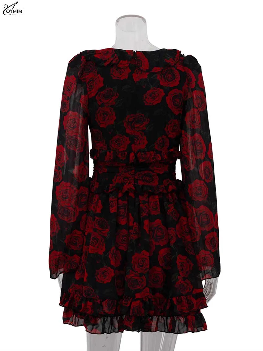 Oymimi Elegant Red Print Womens Dresses Fashion V-Neck Long Sleeve Button Dresses Casual High Waisted Ruffled Mini Dress Female