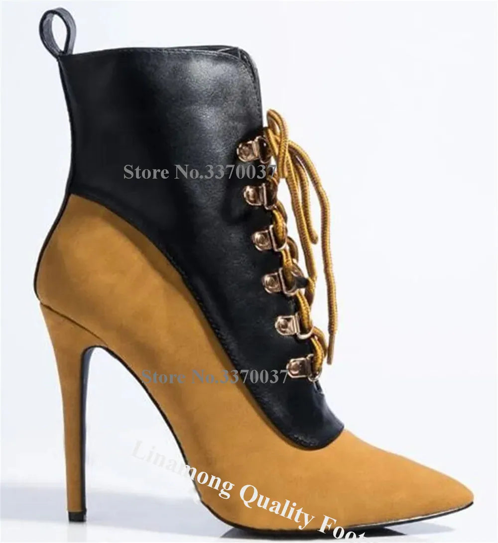 Red Blue Patchwork Buckles Lace Up Ankle Boots for Women