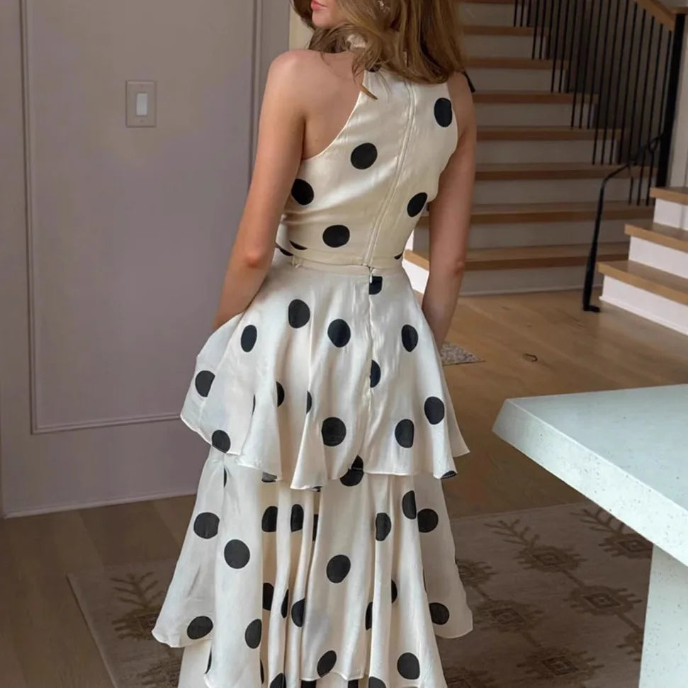 Polka Dot Sleeveless Pleated Two Piece Dress Set for Women