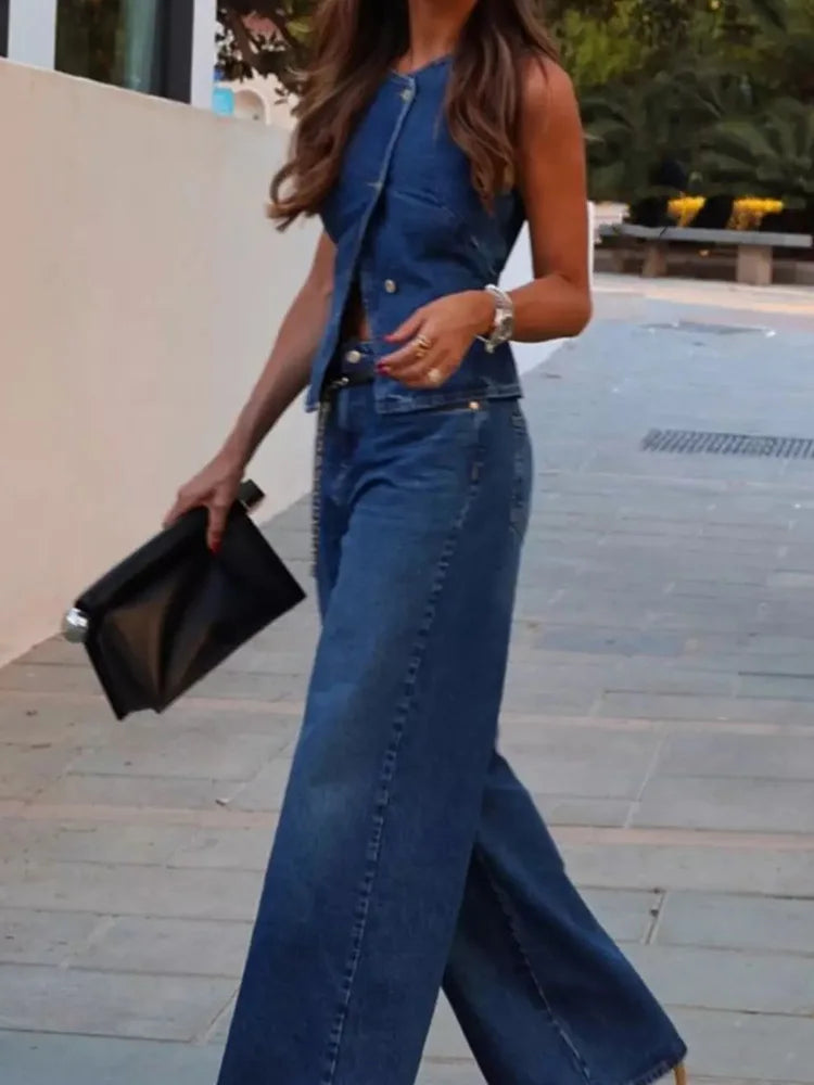 New Denim Style Spring Summer Wide Leg Pants, Women Holiday High Waist Simple Pants, 2025 Pocket Patchwork Solid Ladies Trousers