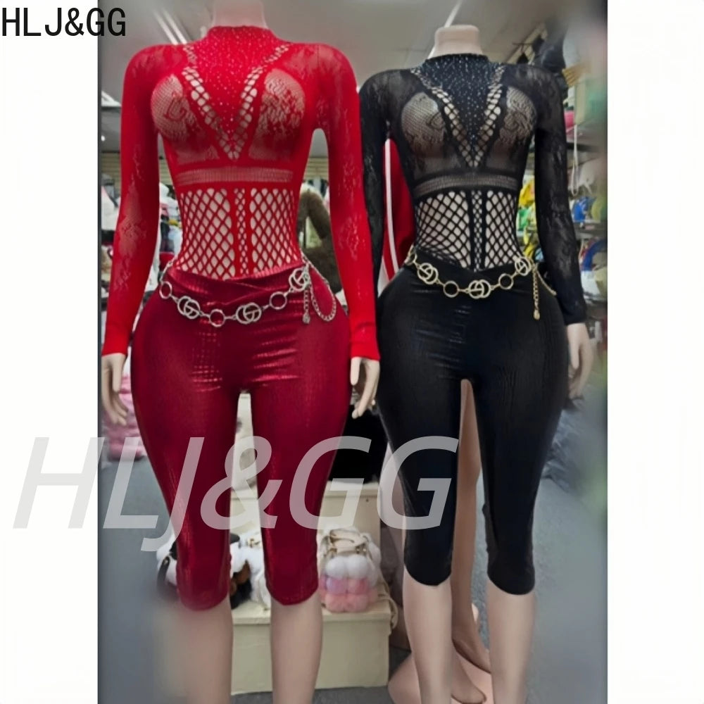 Sexy Rhinestone Mesh Two-Piece Bodysuit Set for Women