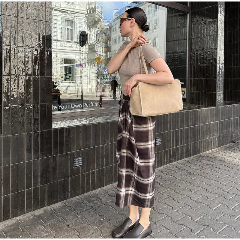 Women Checked Midi Skirt Fashion Casual Pleated Irregular High Waist Slim Mid-length Bottom Lady Daily New Commute Street Skirts