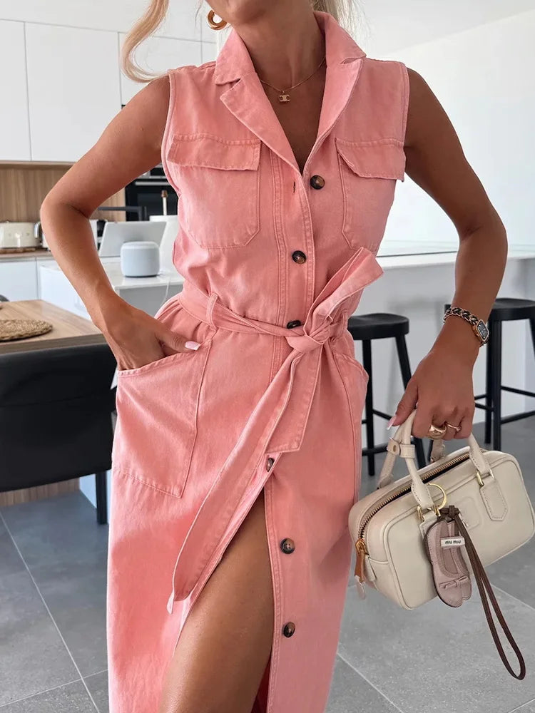 Single-Breasted Lace-Up Cardigan Dress, Women Summer Denim Style Sleeveless Maxi Dress, 2025 Solid Turn-Down Collar Ladies Dress