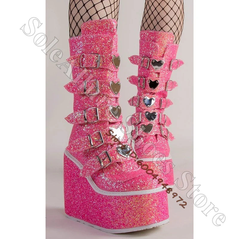 Glitter Heart Buckle Adjustable Mid Calf Wedge Boots For Women