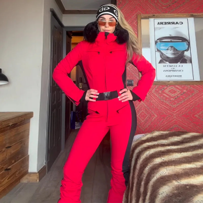 High Waist Full Zip Hooded Windproof Ski Jumpsuit For Women