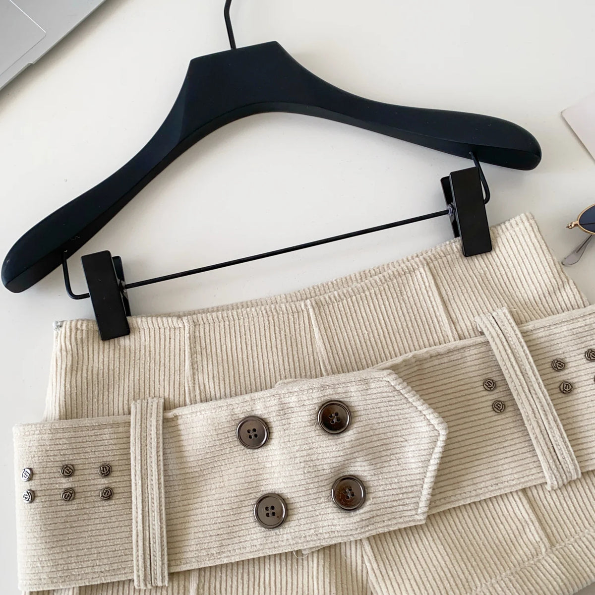 Retro Corduroy Button Detail Low Waist Shorts for Women