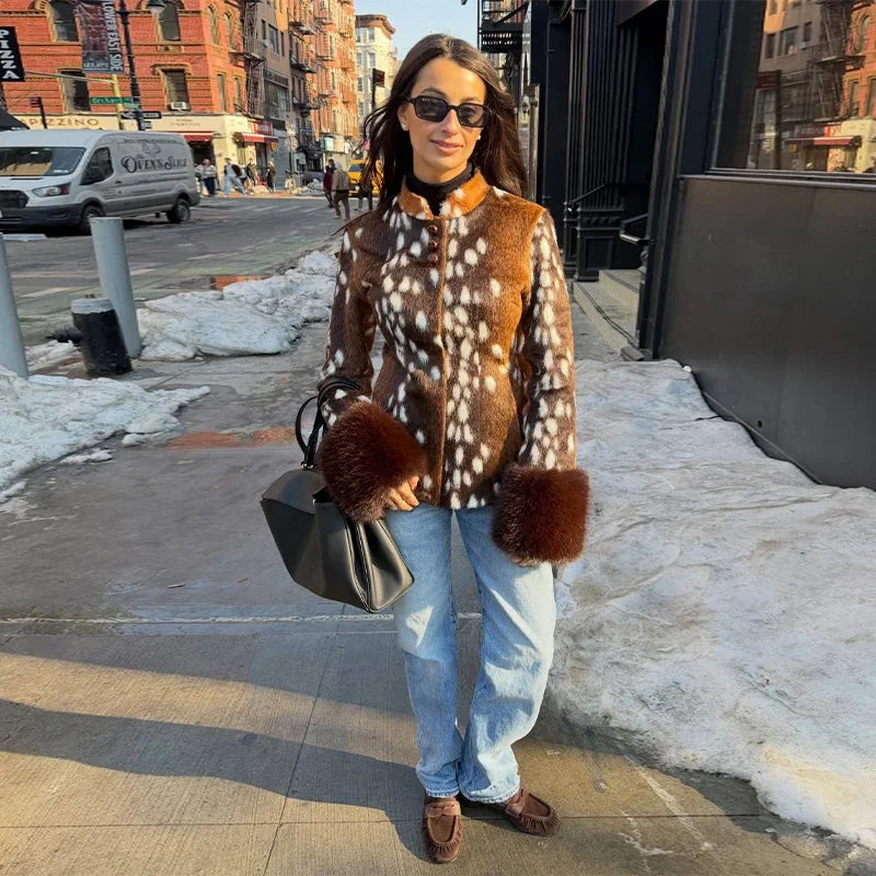 Fitted Vintage Leopard Patchwork Faux Fur Coat for Women