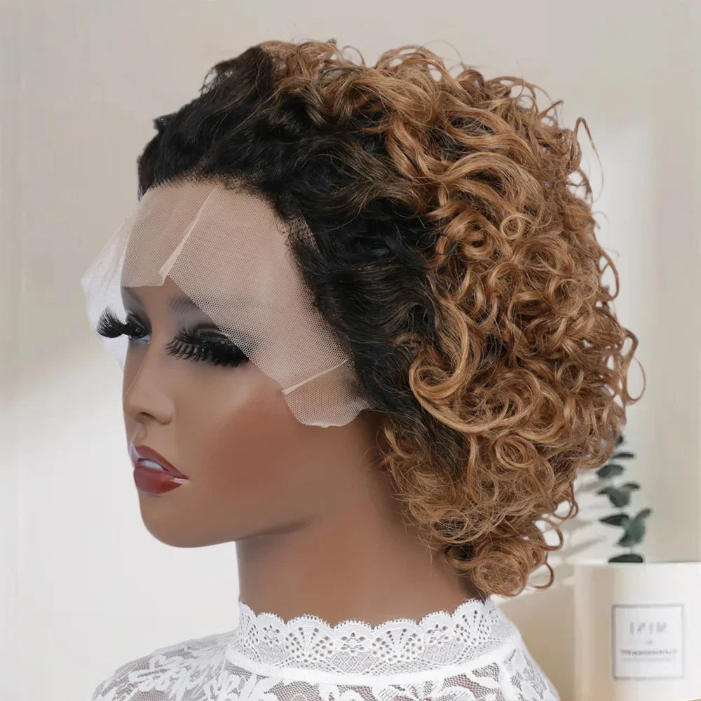 Ginger Pixie Cut Wigs Human Hair Short Curly Lace Front Human Hair Wigs Colored Water Wave Bob Wig 13x1 Transparent Lace Wigs