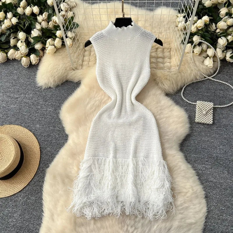 Elegant Round Neck Sleeveless Tassel Hem Bodycon Mini Knitted Dress for Women