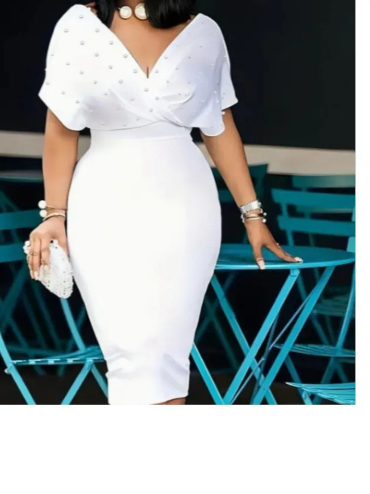 Elegant Solid V Neck Short Sleeve Knee Length Dress for Women
