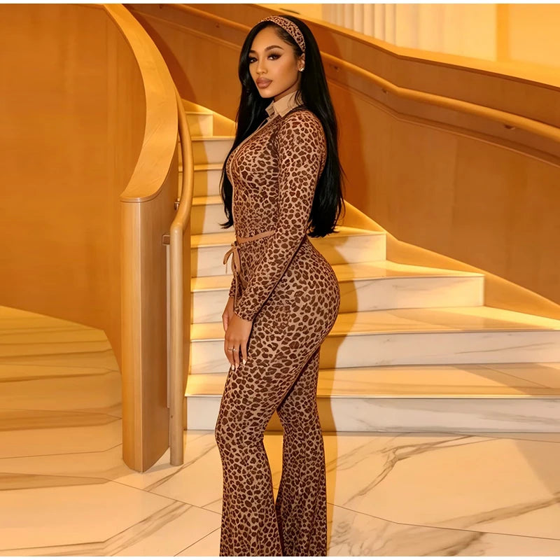 Leopard Print Stand Collar Casual Two Piece Set For Women