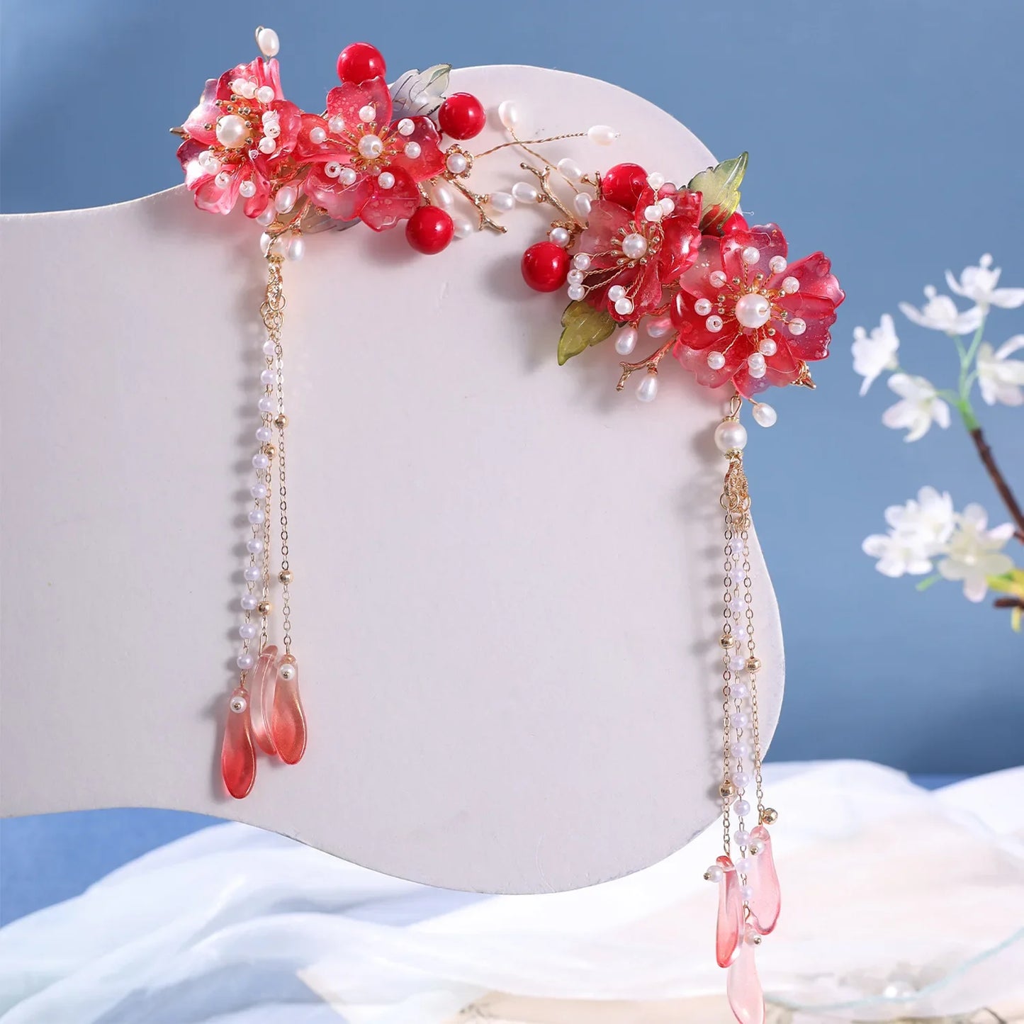 Red Flower Tassels Hair Comb Set