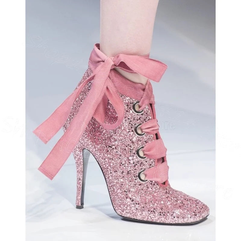 Elegant Green Square Toe Strappy Lace Up Ankle Boots For Women