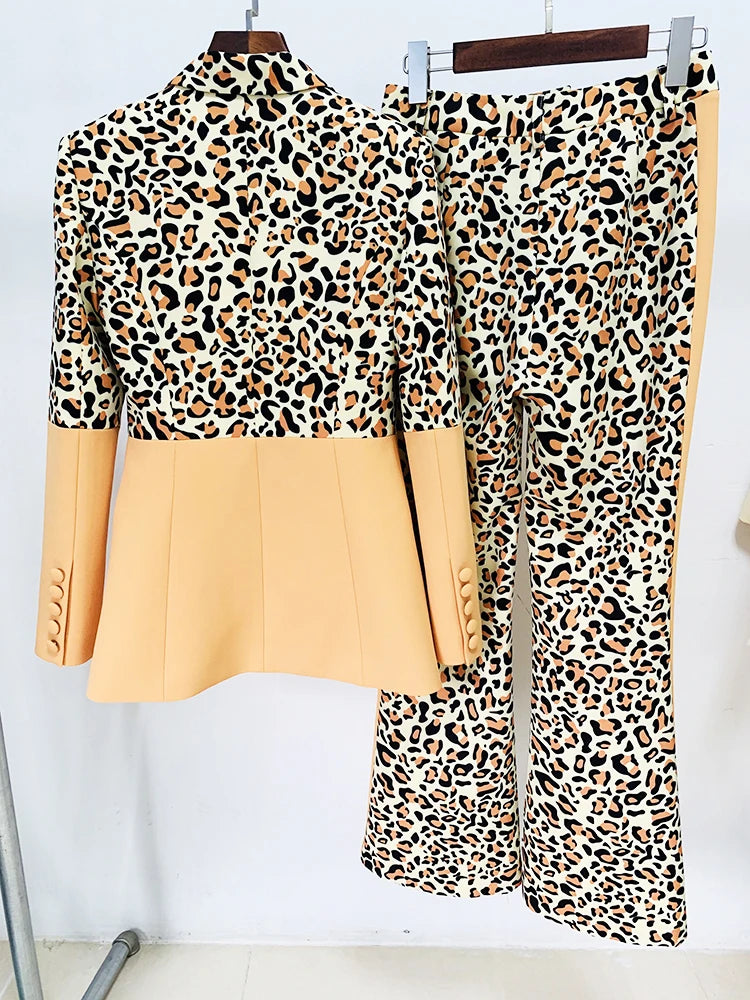 HIGH STREET Newest Fashion 2026 Designer Suit Set Women's Single Button Leopard Printed Color Block Blazer Flare Pants Suit
