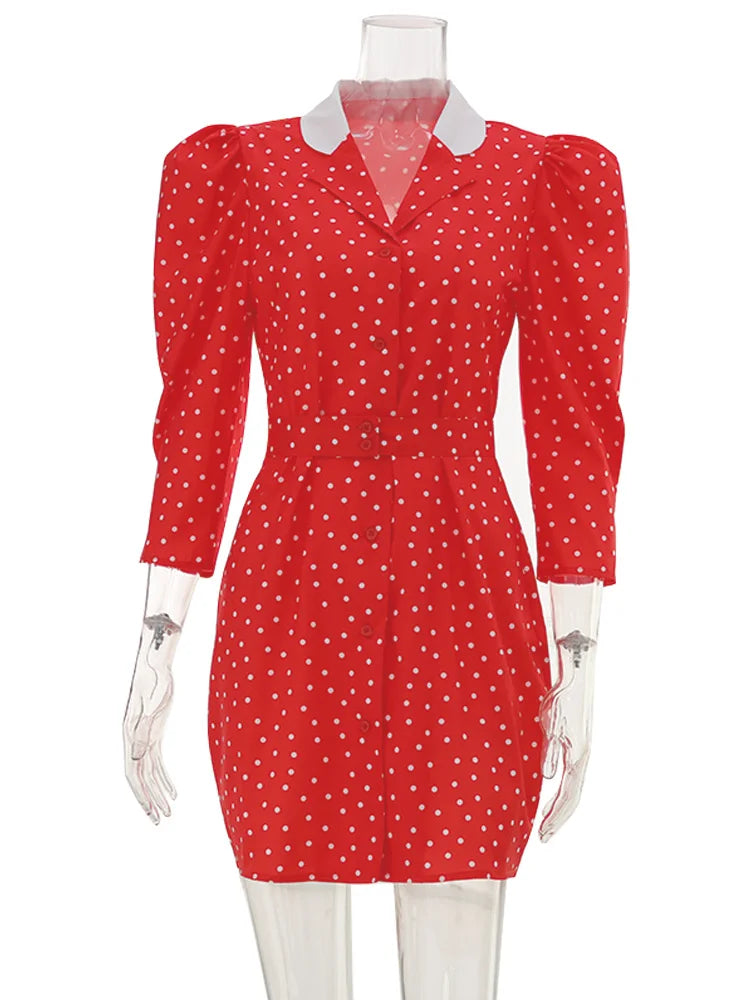Elegant Polka Dot V Neck Puff Sleeve Mini Dress for Women