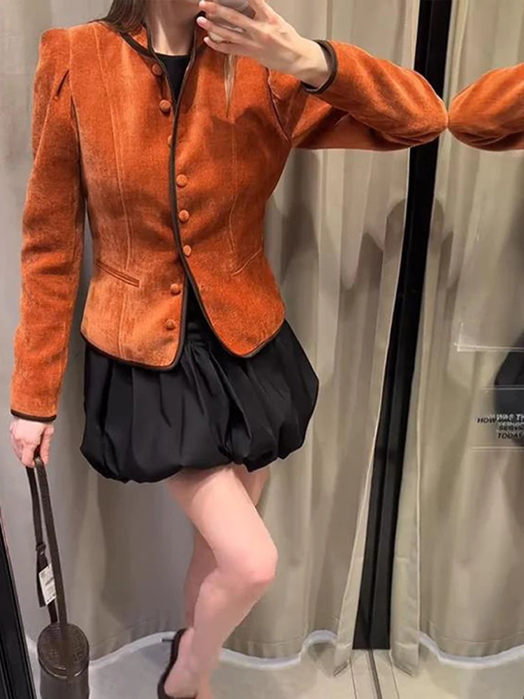 Slim Stand Collar Single-Breasted Short Jacket for Women