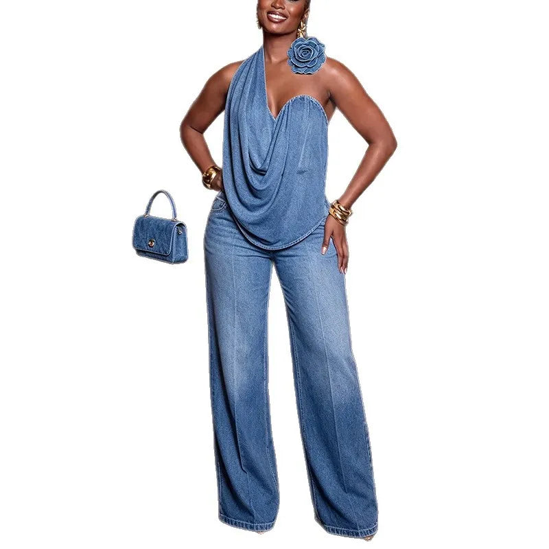Halter Neck Denim Wide Leg Two Piece Set
