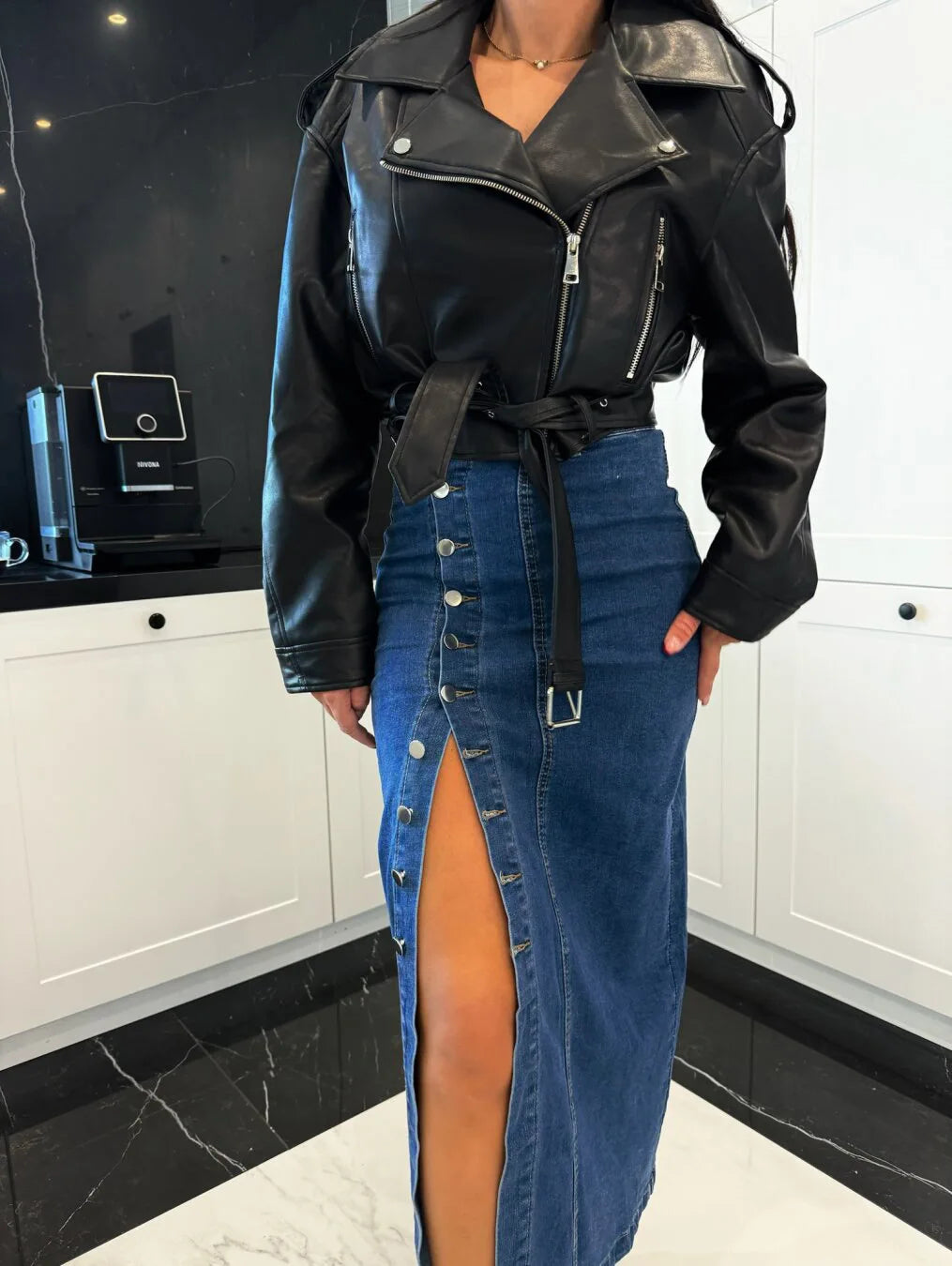 High Waist Retro Button Denim Skirt With Slit for Women