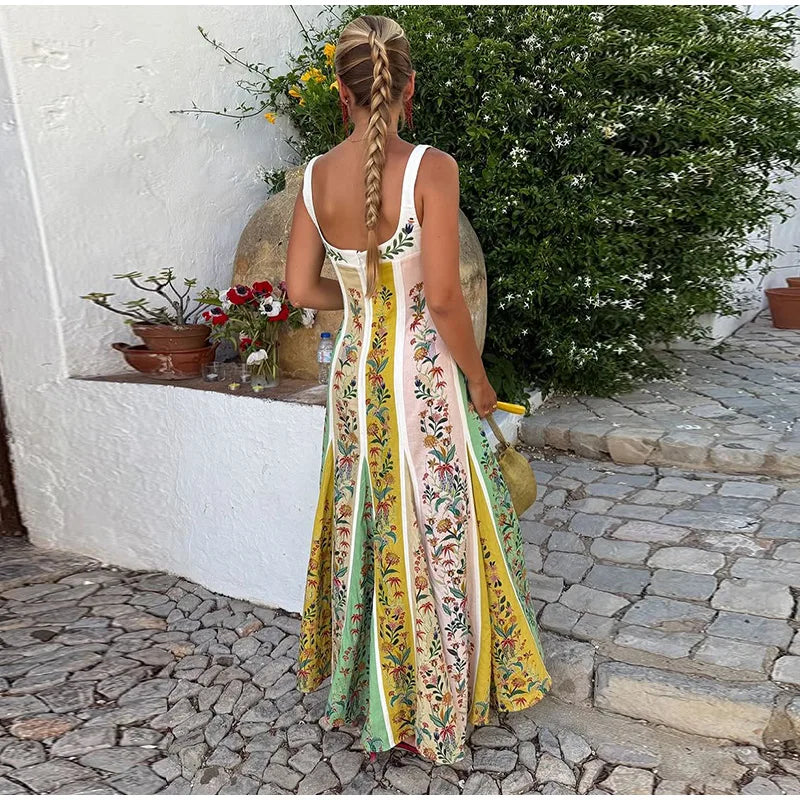 Sweetheart Neckline Floral Print Linen Blend Maxi Dress For Women