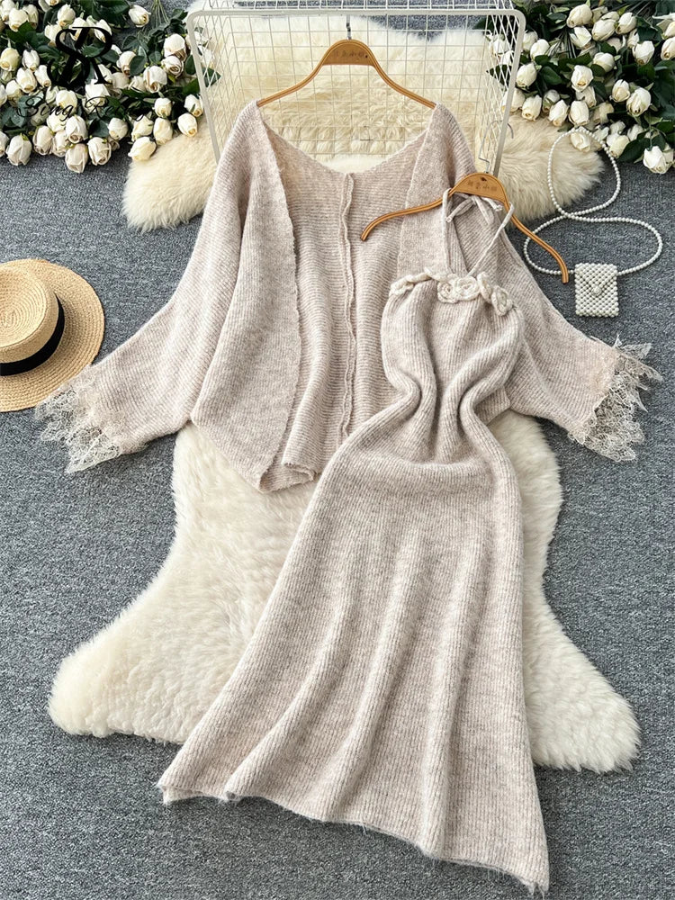 Lace Trim Knit Cardigan and Floral Halter Dress Set for Women
