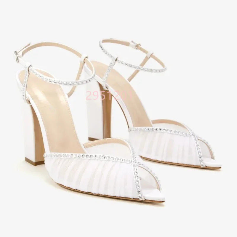 Elegant Crystal Peep Toe Square Chunky Heel Formal Sandals for Women