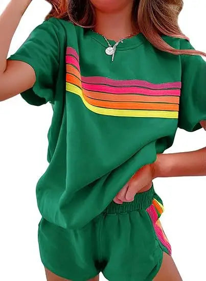Casual Comfy Lightweight Stripe Top and Shorts Set for Women
