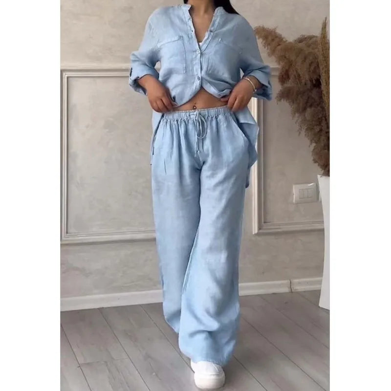 Loose Cotton Linen Shirt And Wide Leg Pants Set For Women