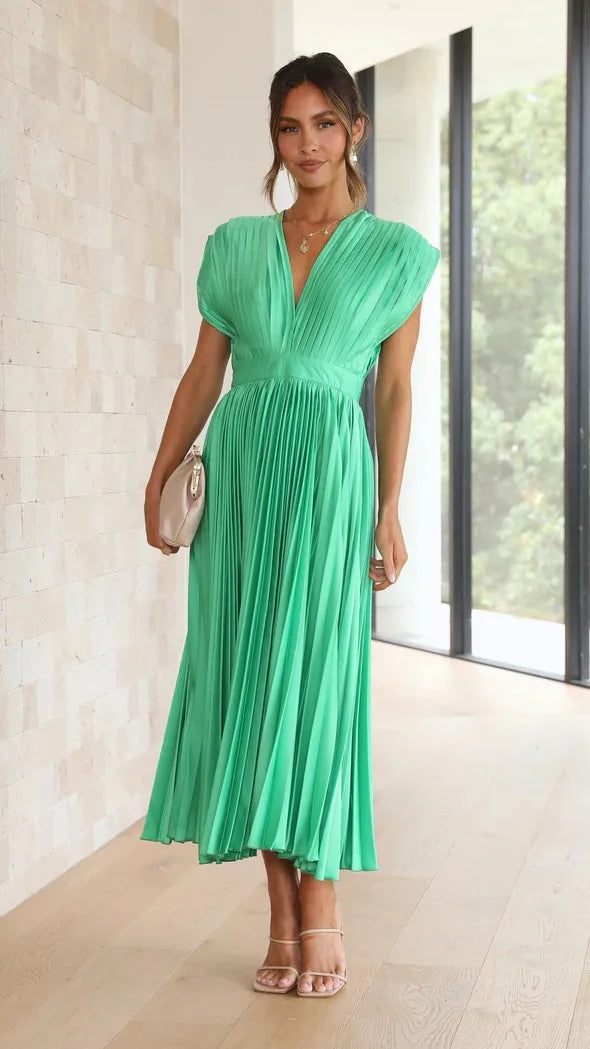 Elegance Draped V-Neck Pleated Skirt Dress 2025 Women Solid Strapless Backless Patchwork Loungewear Simple Maxi Dress