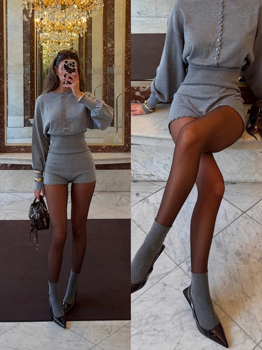 Casual Knit Long Sleeve Top and Slim Shorts Set for Women