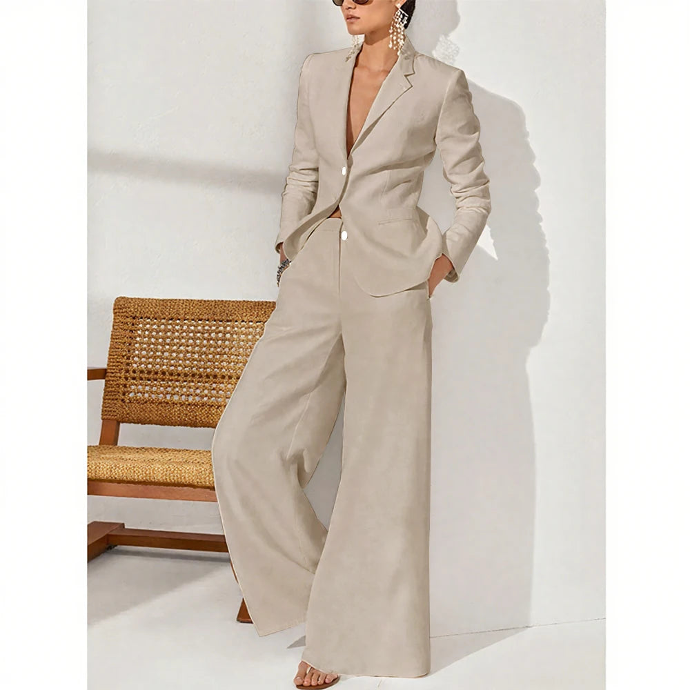 Summer Linen Women Pants Sets White Fashion Notch Lapel Single Breasted 2 Piece Elegant Chic Daily Casual Office Female Suit
