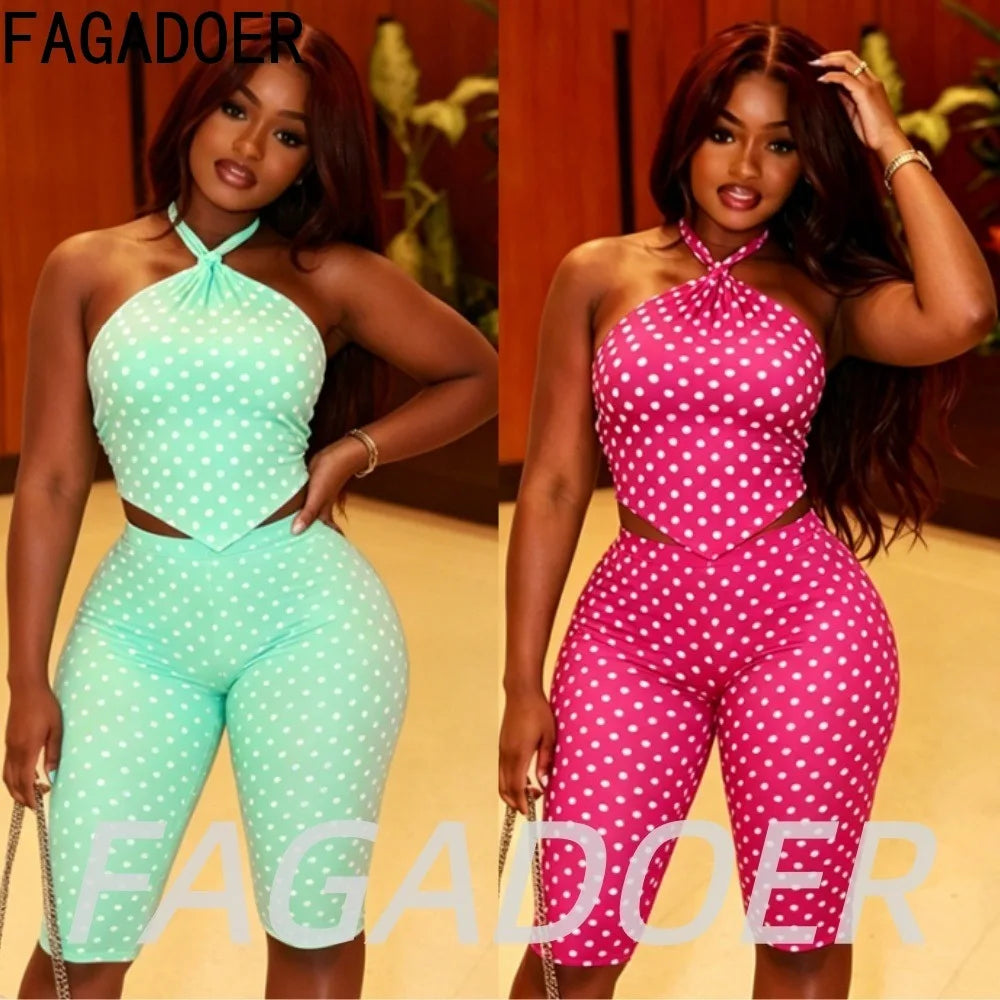 Polka Dot Ruched Mint Green Two Piece Set for Women