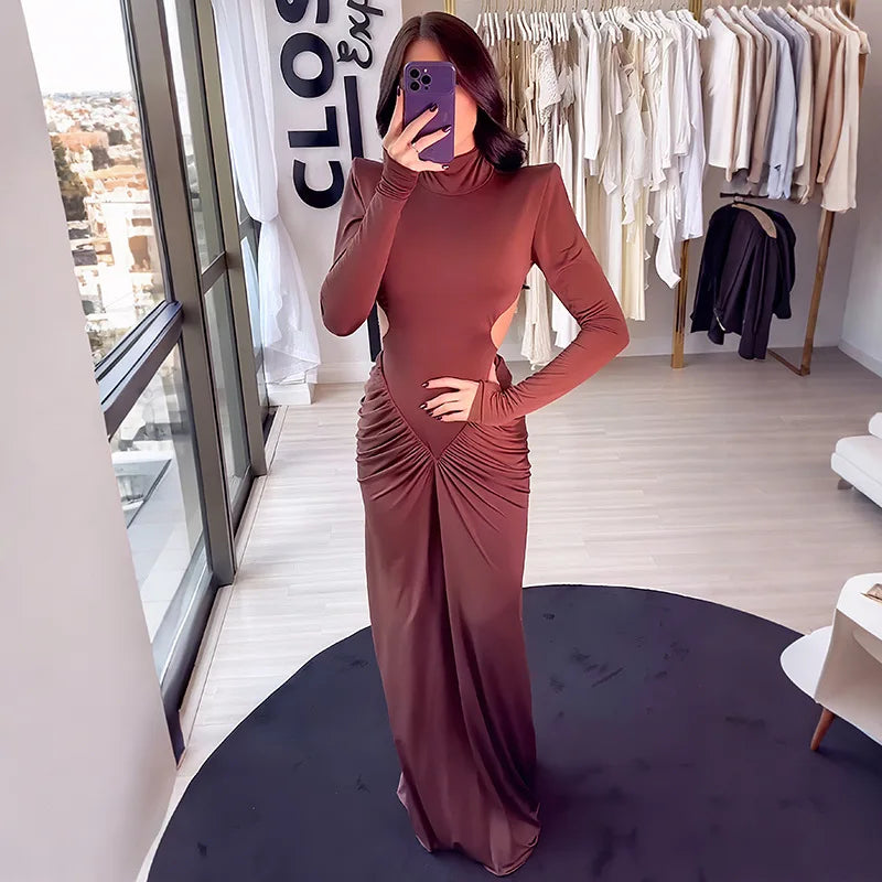 Long Sleeve Backless Ruched Maxi Dress
