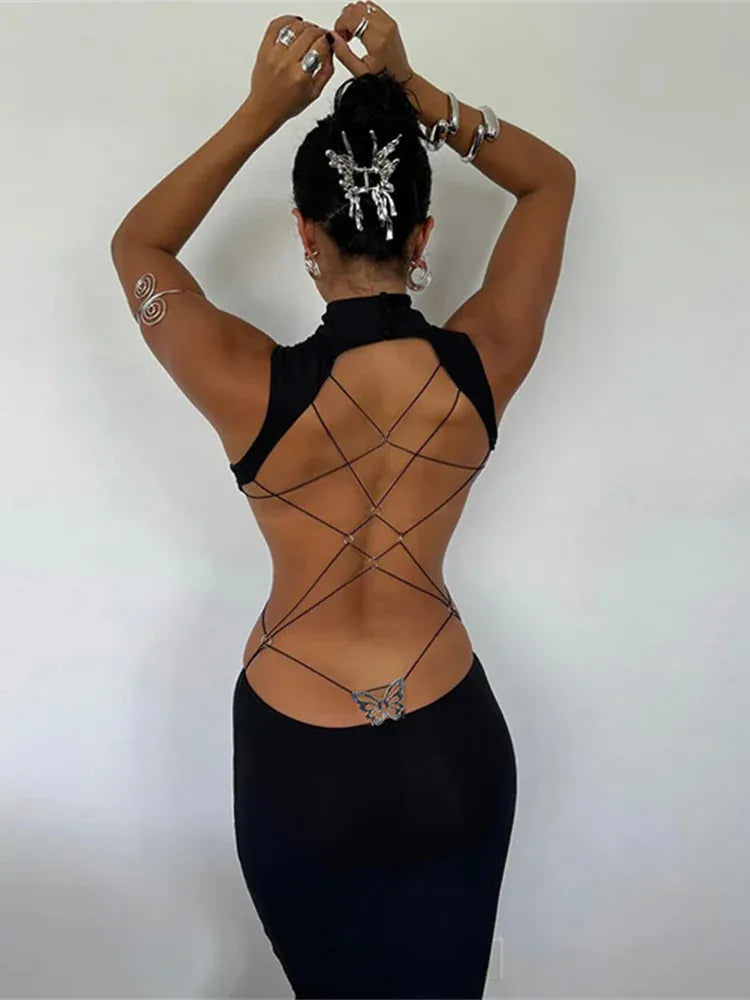 Weird Puss Y2K Butterfly Metal Dress Women Hollow Backless Sleeveless Fitness Cross Bandage Midnight Club Summer Vacation Bodyco