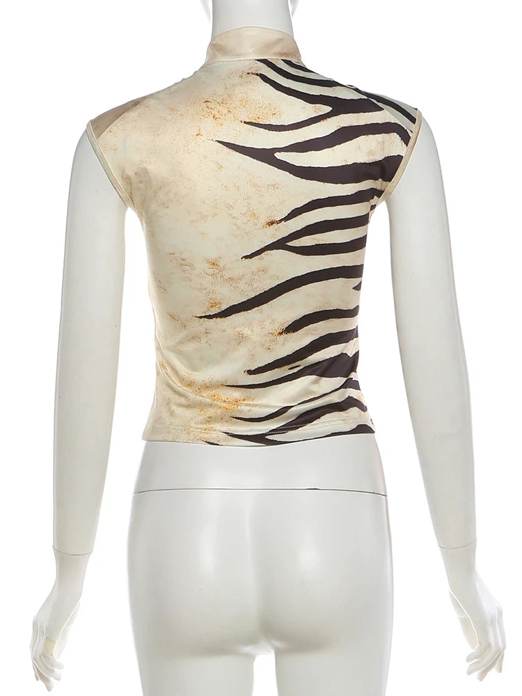 Tiger Print Tassel Cutout Slim Fit Vest Top for Women