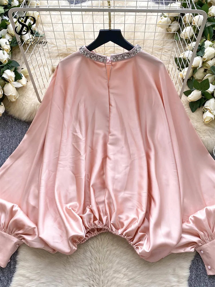 Elegant Beaded Satin Batwing Sleeve Blouse for Women