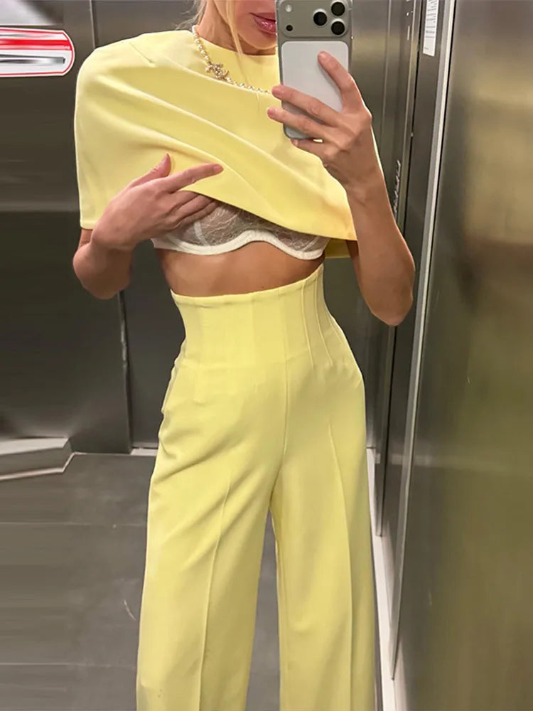Elegant Wide Leg Pants And Blazer Three Piece Set For Women