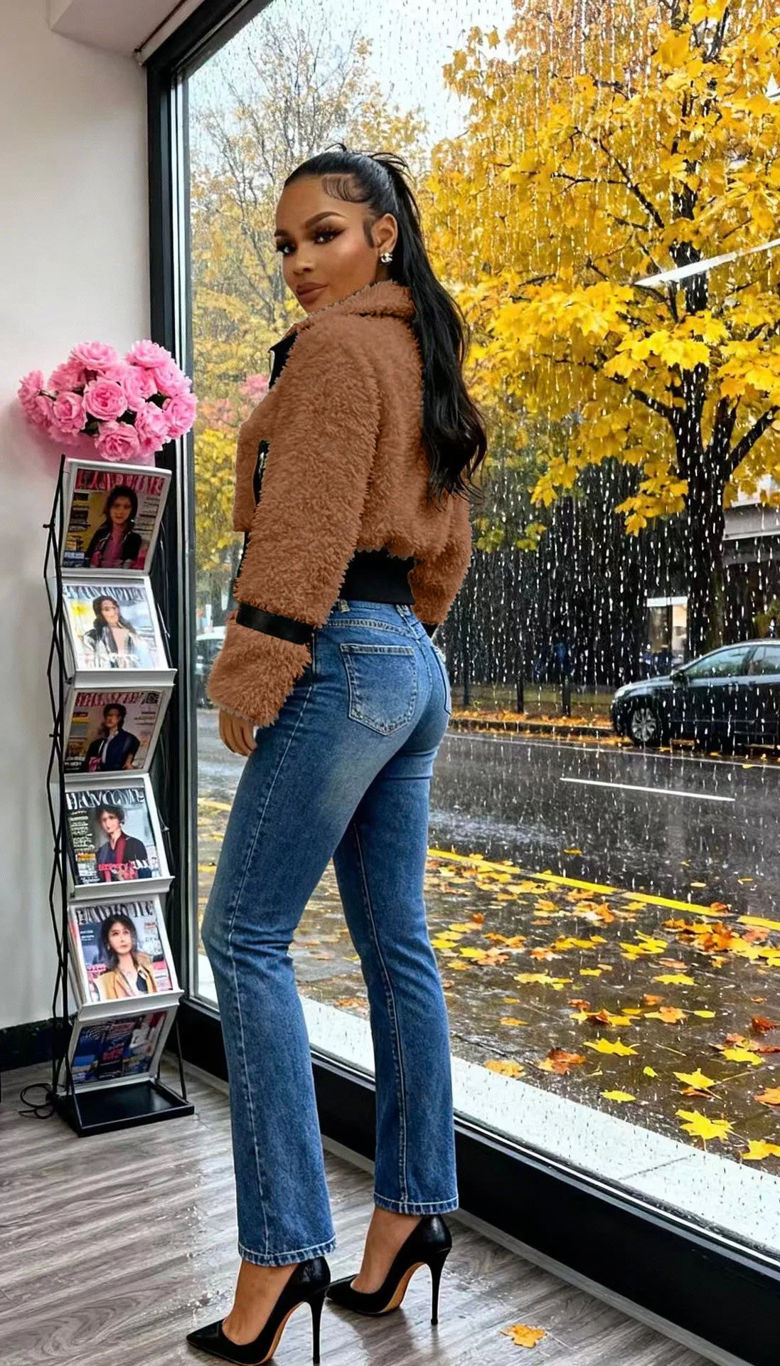Winter Faux Fur Patchwork Leather Jacket for Women