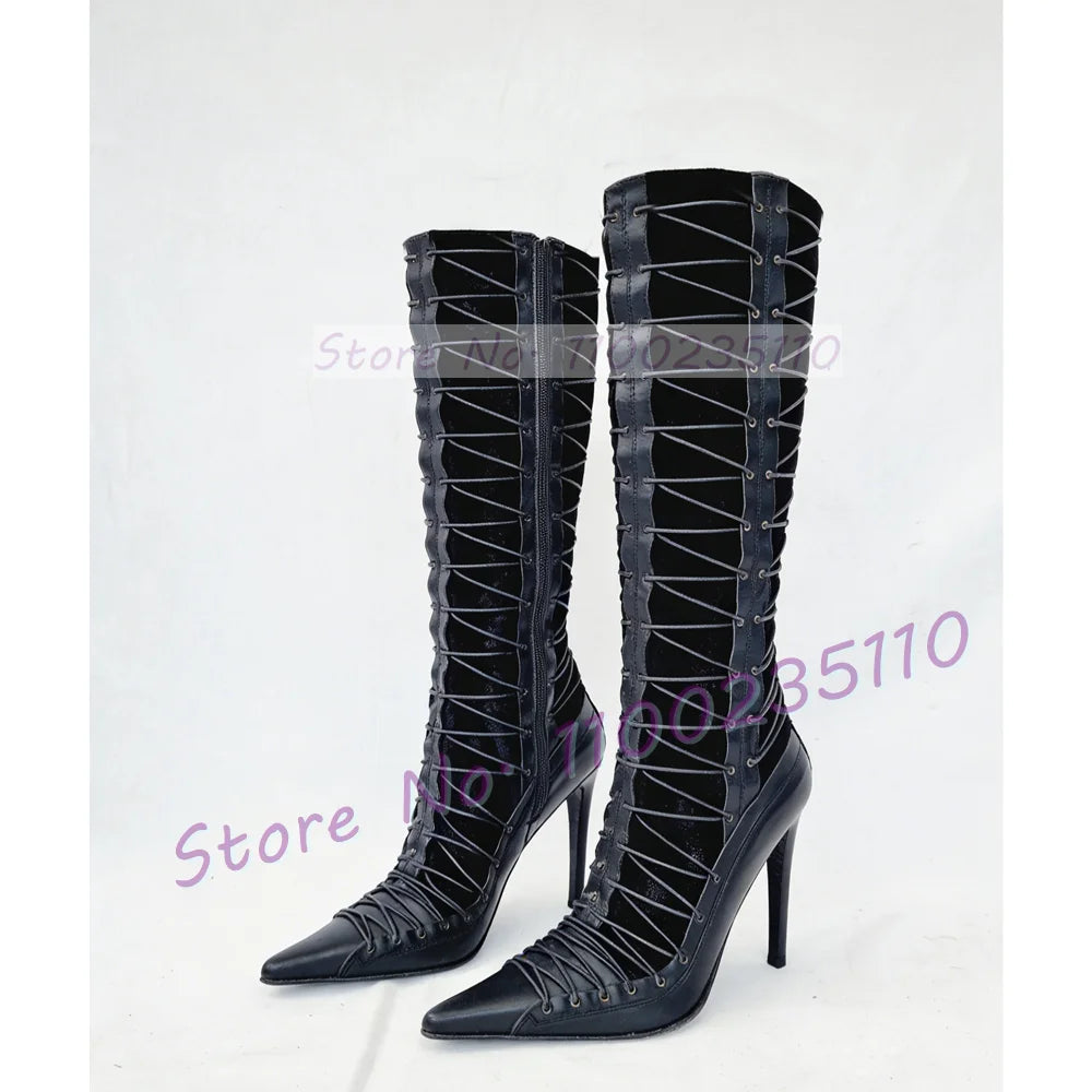 Red-Brown Cross Tied Mid Calf Boots Women Fashion Multi Thin Straps Stilettos Ladies Splicing Leather Side Zipper Pointy Boots