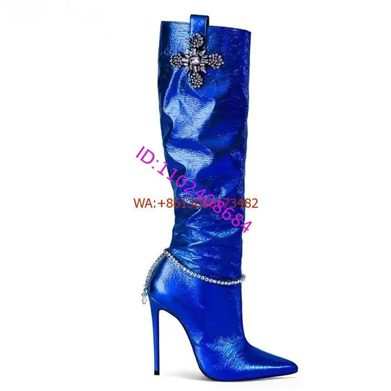 Bright Shining Women Deign Pointed Toe High Heel Knee Boots Crystal Beading High Heel Women Pointy Knee High Boots Plus Size
