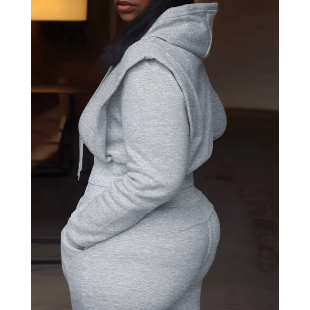 Elegant Two Pieces 	Tied Detail Hooded Long Sleeve Sweatshirt and Casual Wide Leg Sweatpants Set for Women Autumn Winter