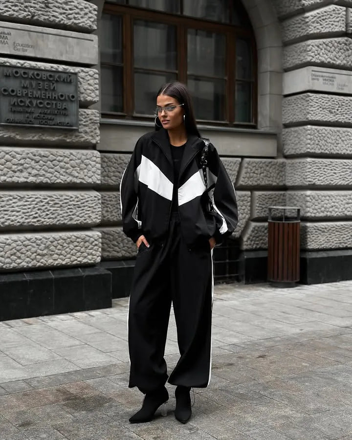 Casual Contrast Color Zipper Tracksuit Set for Women