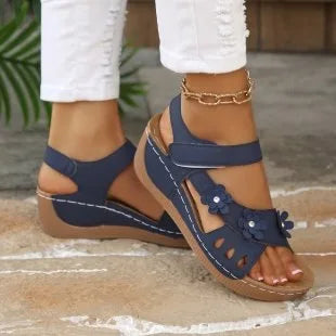 Modern Floral Buckle Wedge Sandals