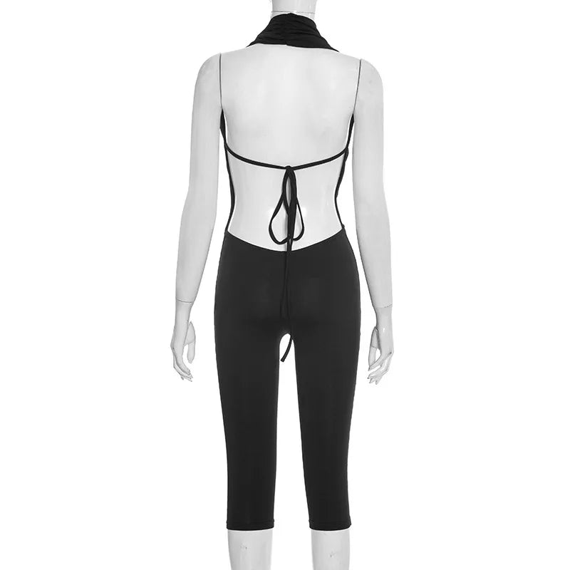 Ruched Halter Neck Lace-Up Capri Jumpsuit for Women