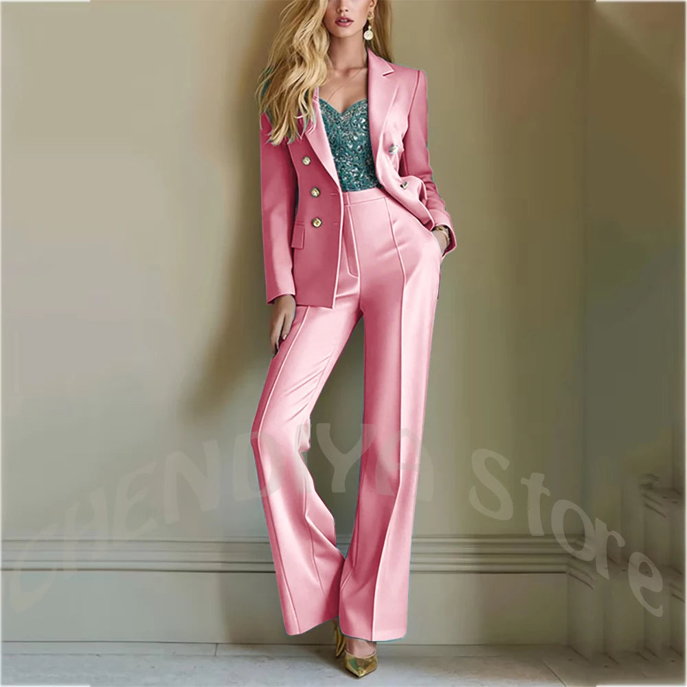 Solid Color Suit For Women High Quality Double Breasted Two Piece Notch Lapel Slim Fit Elegant Fashion Female Outfit Jacket Pant