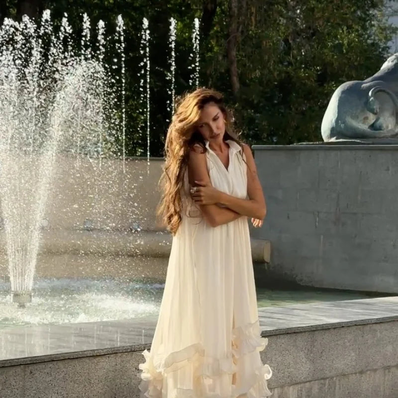 Women Solid Ruffle  Maxi Dress Fashion Lapel V-neck Sleeveless Pleated High Waist Chic Dresses 2025 Summer Lady Vacation Robes