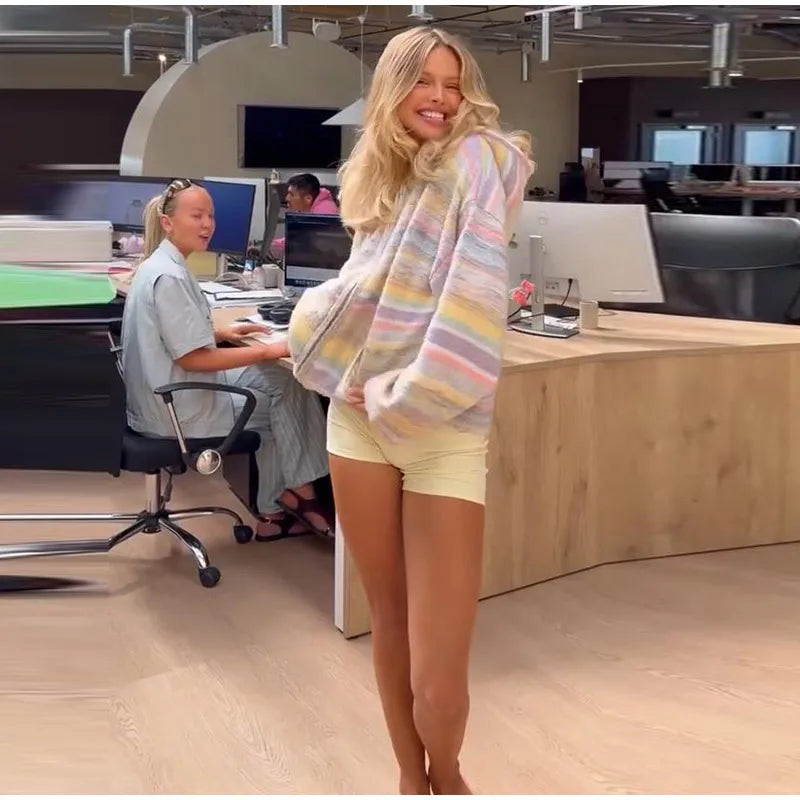 Colorful Rainbow Stripe Hooded Knit Cardigan for Women